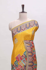 Yellow floral design motifs banarasi silk saree with contrast floral print border and matching blouse