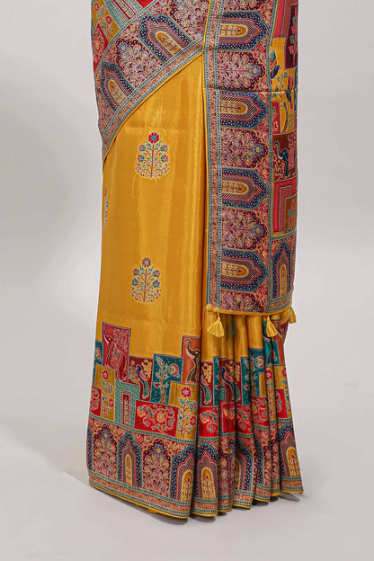 Yellow floral design motifs banarasi silk saree with contrast floral print border and matching blouse