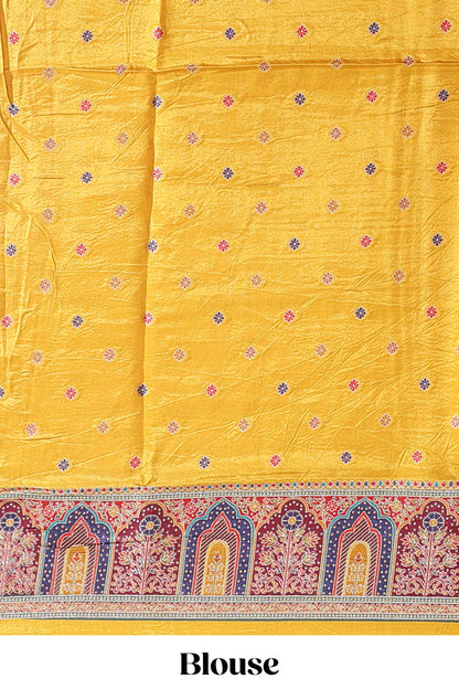 Yellow floral design motifs banarasi silk saree with contrast floral print border and matching blouse