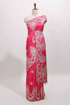 Pink floral motifs design banarasi silk saree with self floral print border and matching blouse