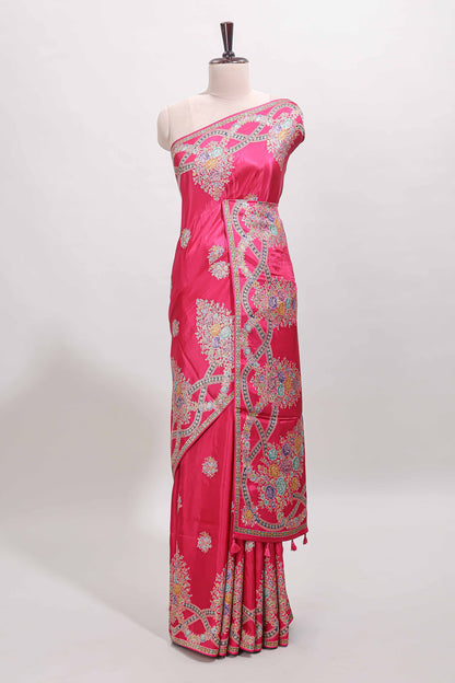 Pink floral motifs design banarasi silk saree with self floral print border and matching blouse