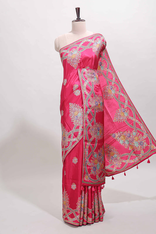 Pink floral motifs design banarasi silk saree with self floral print border and matching blouse