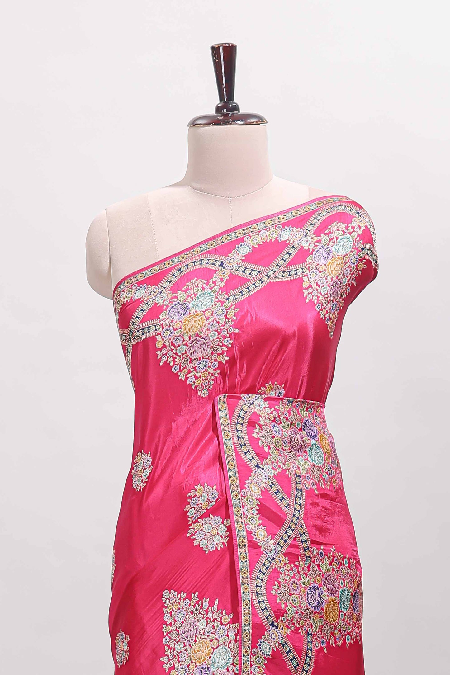 Pink floral motifs design banarasi silk saree with self floral print border and matching blouse