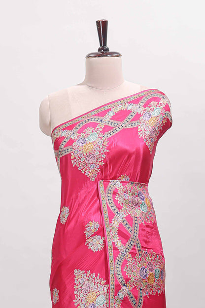 Pink floral motifs design banarasi silk saree with self floral print border and matching blouse