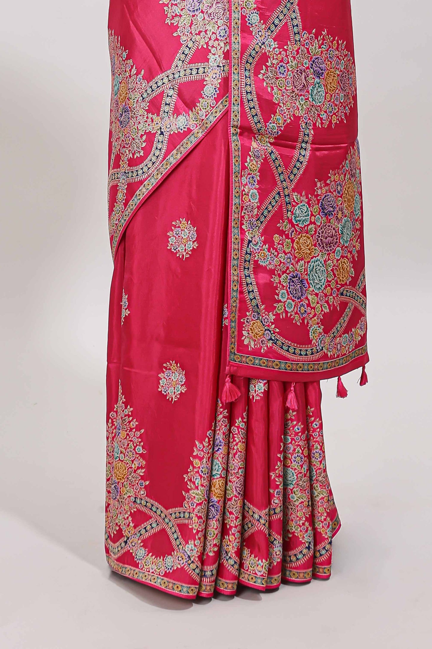 Pink floral motifs design banarasi silk saree with self floral print border and matching blouse