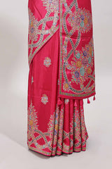 Pink floral motifs design banarasi silk saree with self floral print border and matching blouse