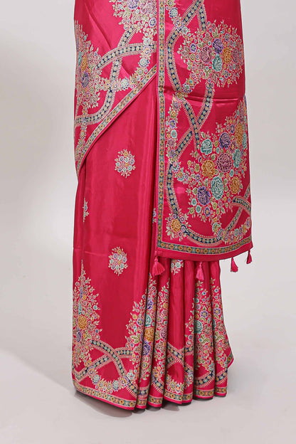 Pink floral motifs design banarasi silk saree with self floral print border and matching blouse