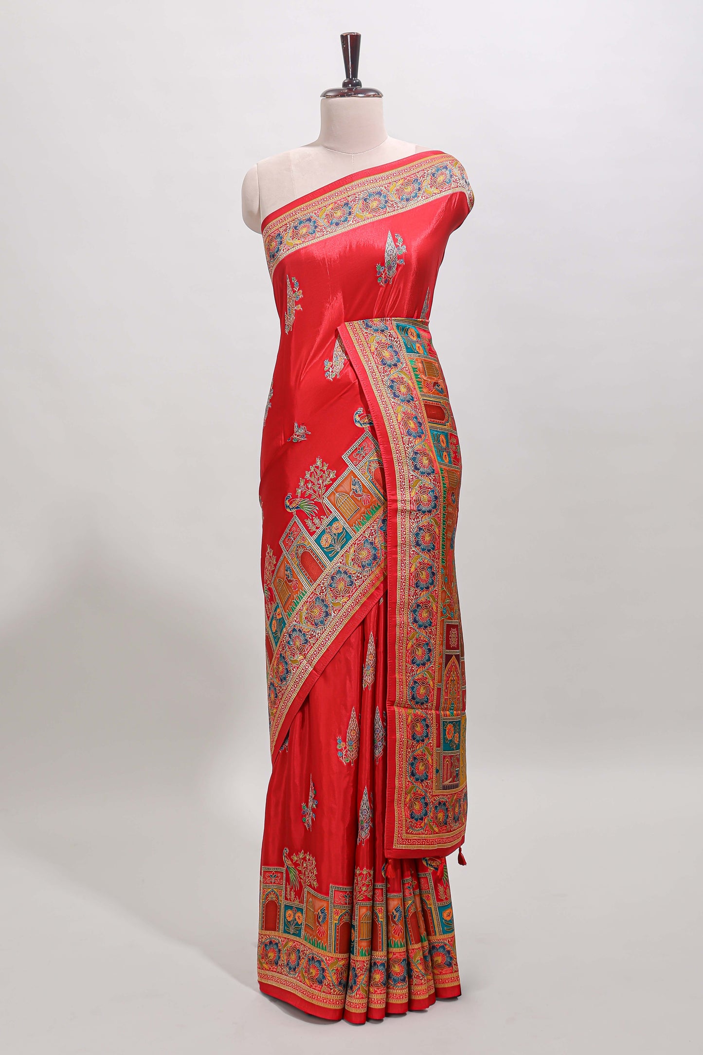 Red floral design motifs banarasi silk saree with contrast floral print border and matching blouse