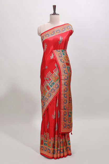 Red floral design motifs banarasi silk saree with contrast floral print border and matching blouse