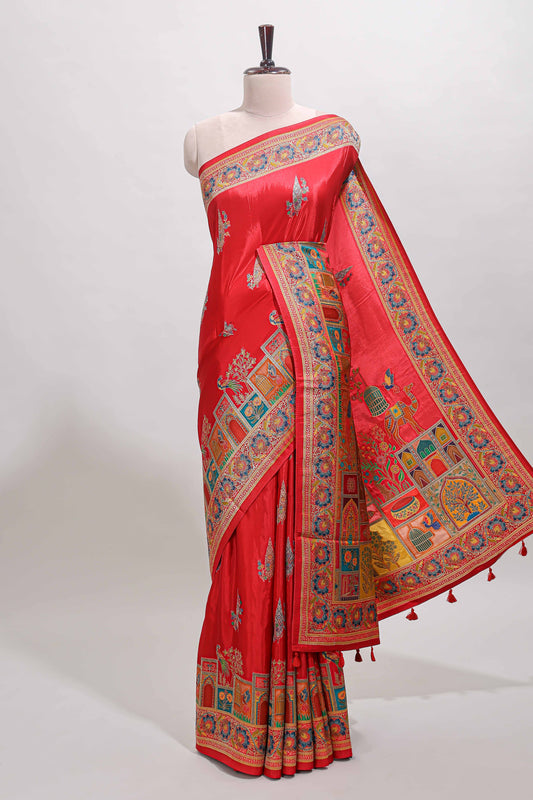 Red floral design motifs banarasi silk saree with contrast floral print border and matching blouse