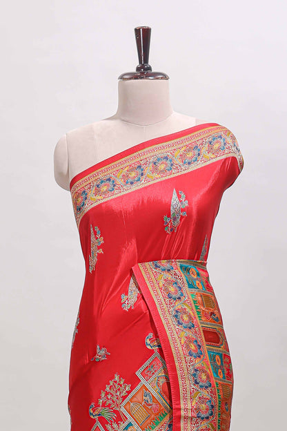Red floral design motifs banarasi silk saree with contrast floral print border and matching blouse