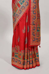 Red floral design motifs banarasi silk saree with contrast floral print border and matching blouse