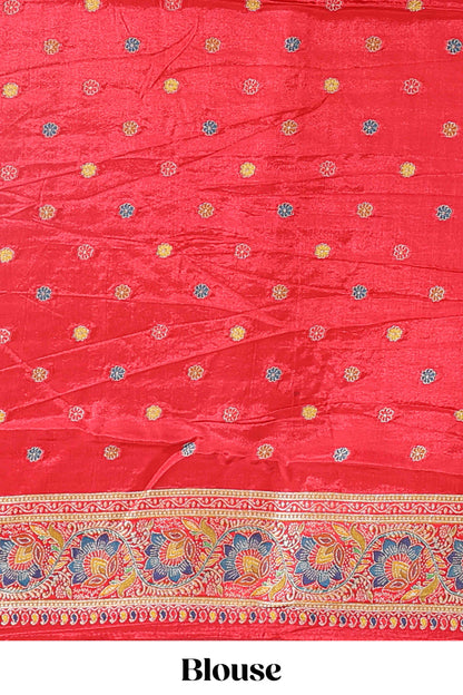 Red floral design motifs banarasi silk saree with contrast floral print border and matching blouse