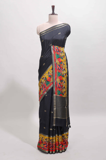 Black zari butta banarasi silk saree with contrast kalamkari style border and matching blouse