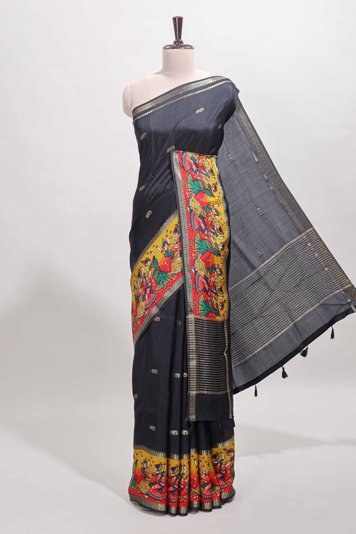 Black zari butta banarasi silk saree with contrast kalamkari style border and matching blouse