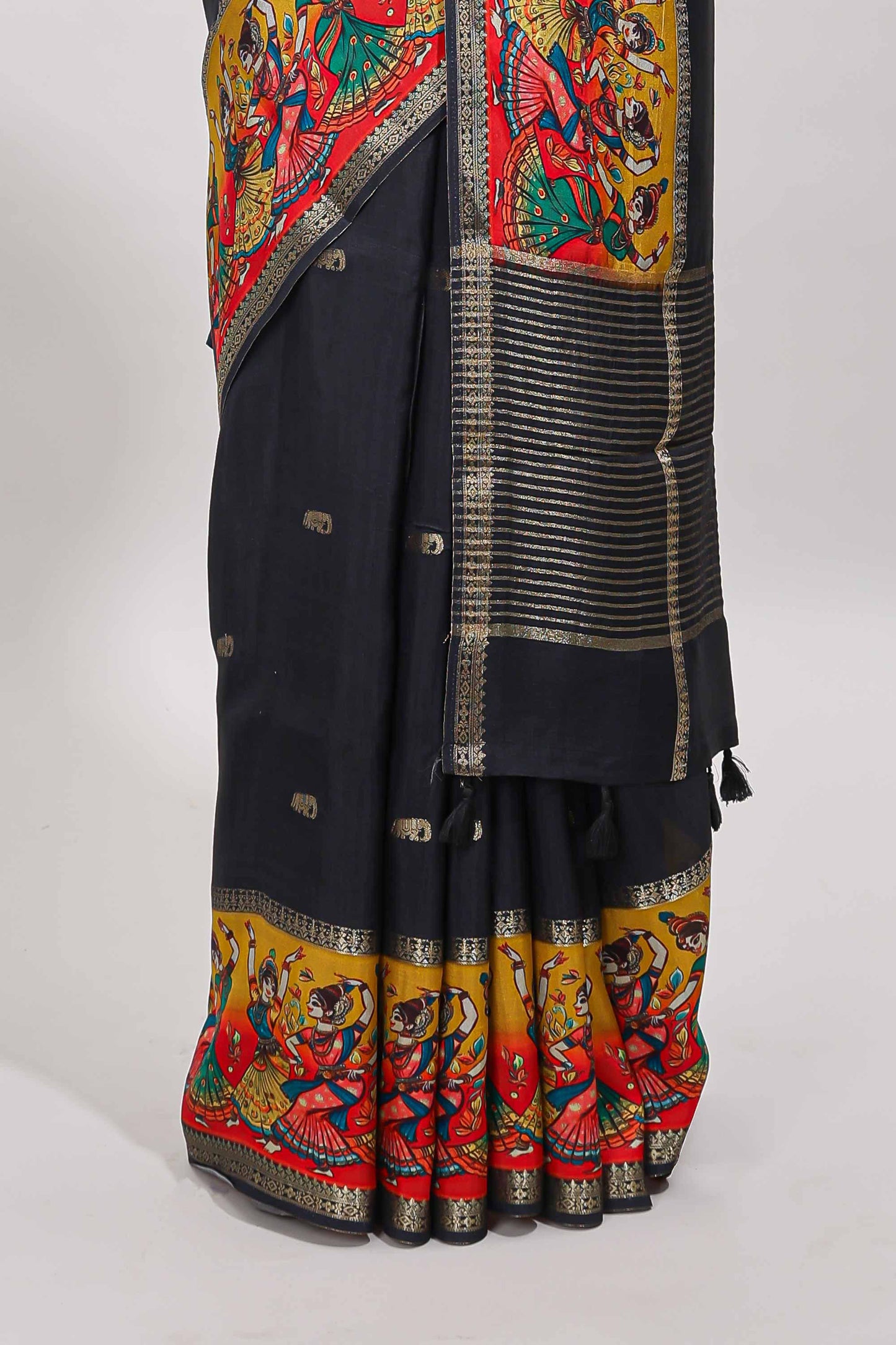 Black zari butta banarasi silk saree with contrast kalamkari style border and matching blouse