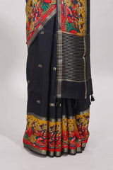 Black zari butta banarasi silk saree with contrast kalamkari style border and matching blouse