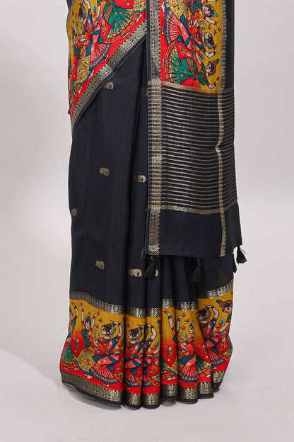 Black zari butta banarasi silk saree with contrast kalamkari style border and matching blouse