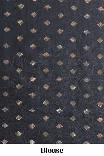 Black zari butta banarasi silk saree with contrast kalamkari style border and matching blouse
