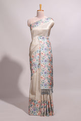 Light grey floral zari motifs banarasi silk saree with contrast border and printed blouse