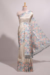 Light grey floral zari motifs banarasi silk saree with contrast border and printed blouse