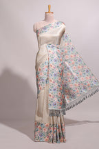 Light grey floral zari motifs banarasi silk saree with contrast border and printed blouse