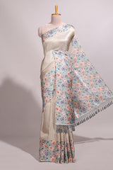 Light grey floral zari motifs banarasi silk saree with contrast border and printed blouse