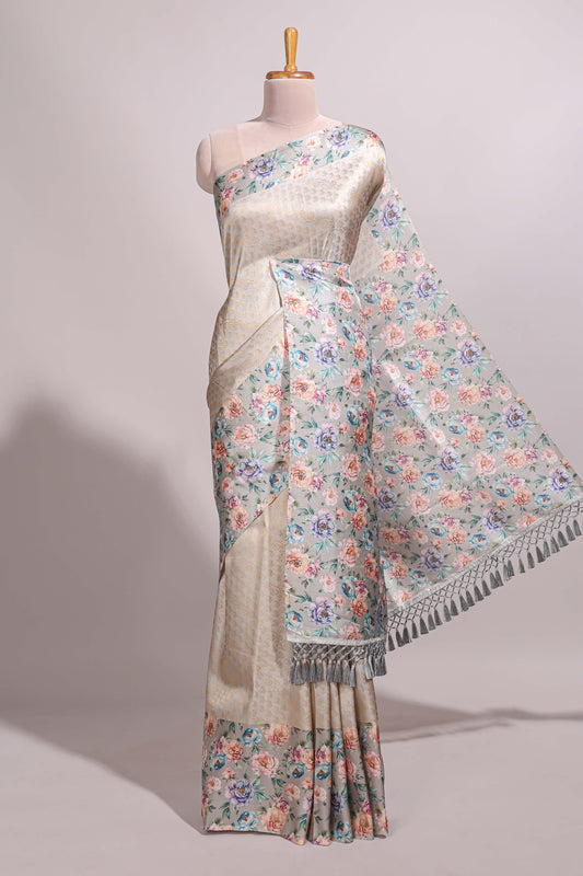 Light grey floral zari motifs banarasi silk saree with contrast border and printed blouse