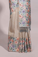 Light grey floral zari motifs banarasi silk saree with contrast border and printed blouse