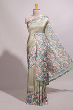 Green floral zari motifs banarasi silk saree with contrast border and printed blouse
