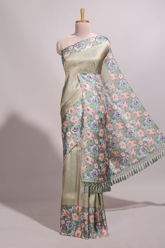 Green floral zari motifs banarasi silk saree with contrast border and printed blouse