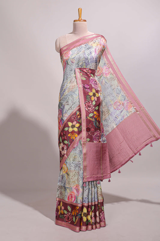 Grey floral design motifs banarasi silk saree with contrast border and printed blouse