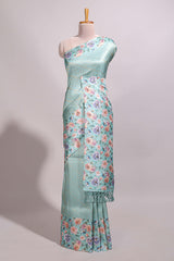 Sea green floral zari motifs banarasi silk saree with contrast border and printed blouse