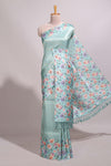 Sea green floral zari motifs banarasi silk saree with contrast border and printed blouse