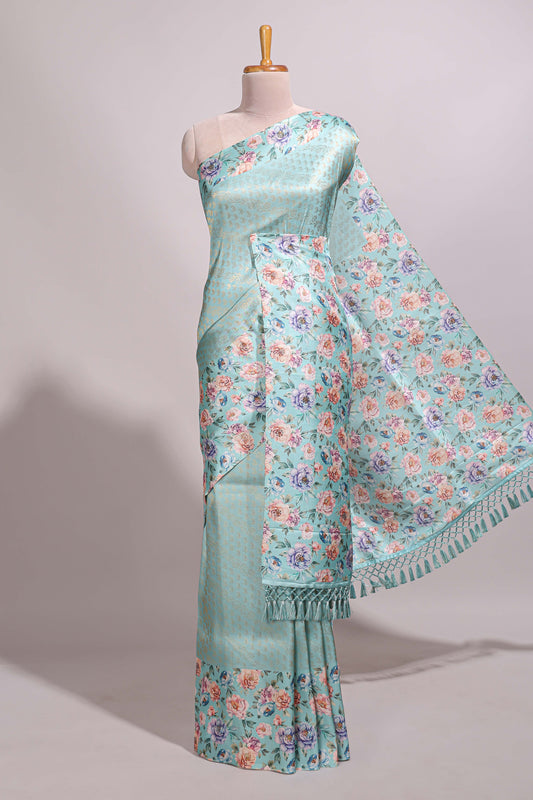 Sea green floral zari motifs banarasi silk saree with contrast border and printed blouse