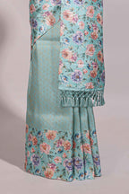 Sea green floral zari motifs banarasi silk saree with contrast border and printed blouse