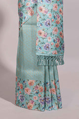 Sea green floral zari motifs banarasi silk saree with contrast border and printed blouse