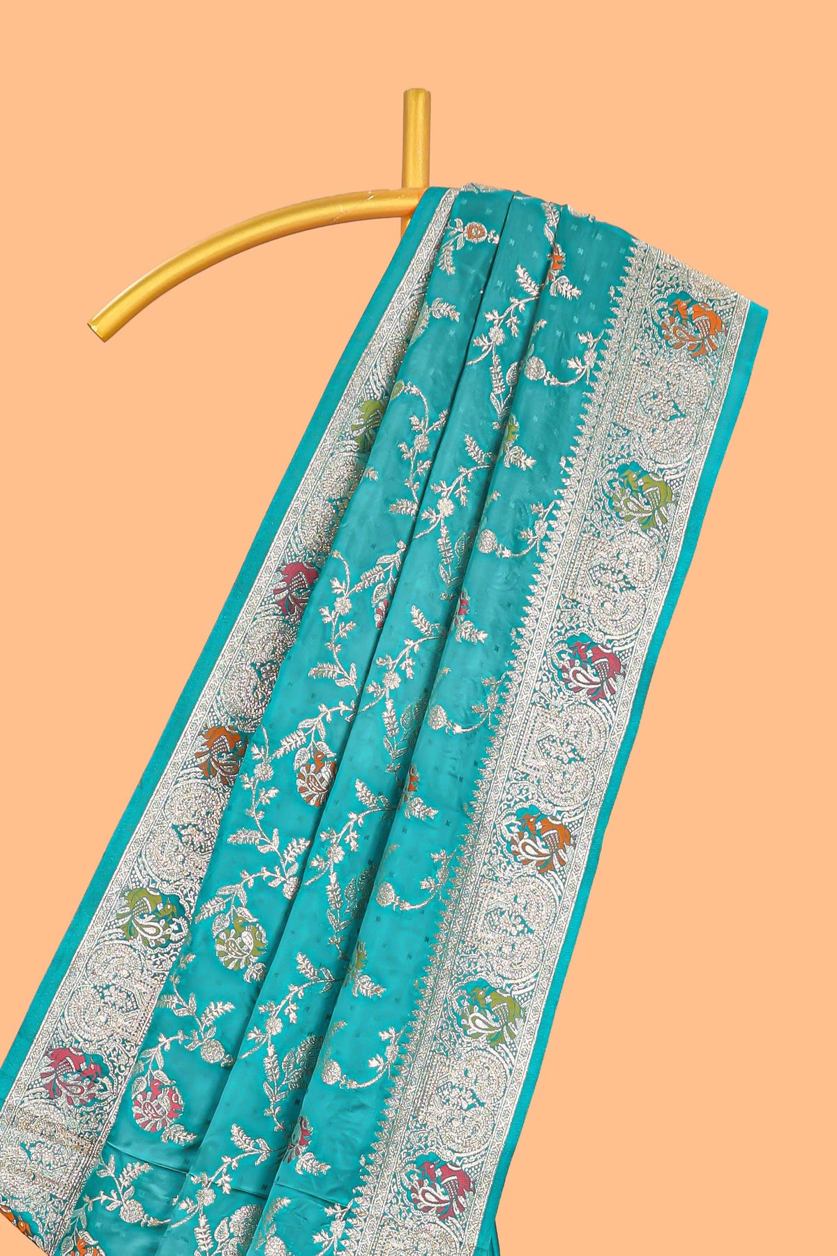 Green floral zari design banarasi silk saree with self border and matching printed blouse
