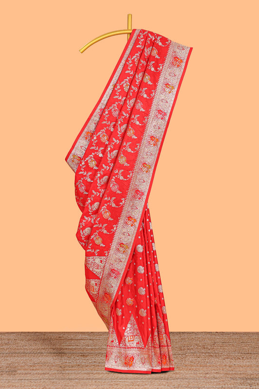 Red floral zari design banarasi silk saree with self border and matching printed blouse