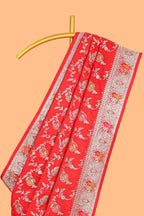 Red floral zari design banarasi silk saree with self border and matching printed blouse