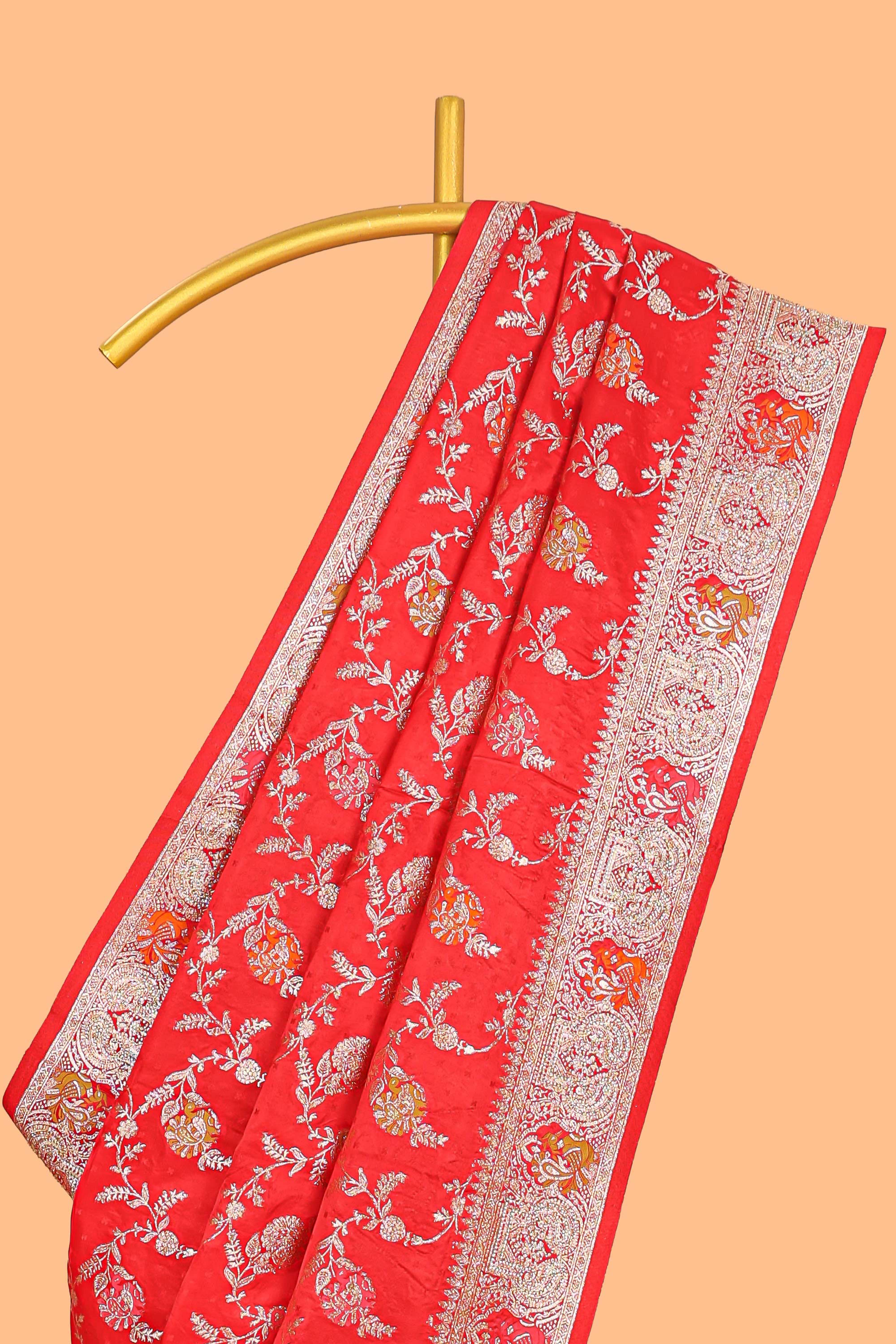 Red floral zari design banarasi silk saree with self border and matching printed blouse