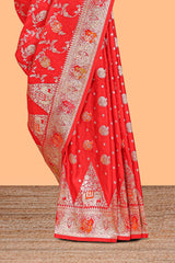 Red floral zari design banarasi silk saree with self border and matching printed blouse