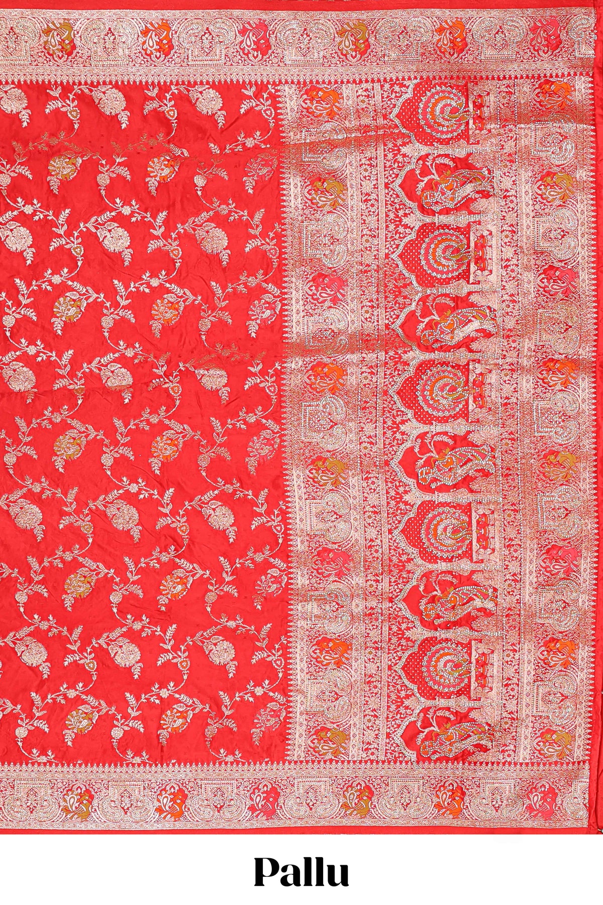 Red floral zari design banarasi silk saree with self border and matching printed blouse