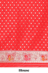 Red floral zari design banarasi silk saree with self border and matching printed blouse