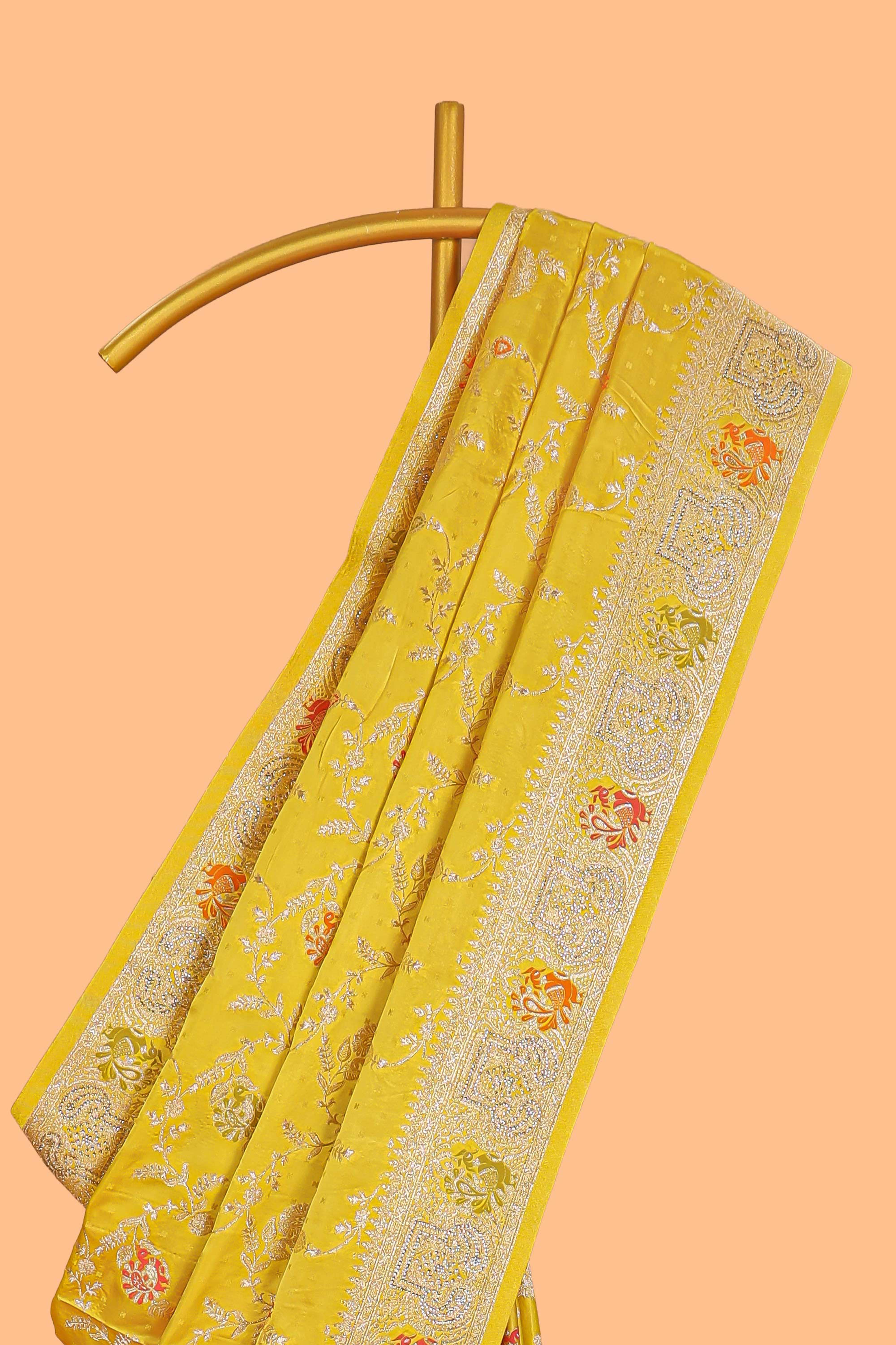 Yellow floral zari design banarasi silk saree with self border and matching printed blouse