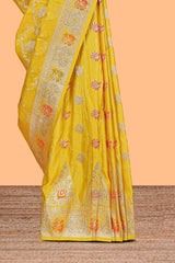 Yellow floral zari design banarasi silk saree with self border and matching printed blouse