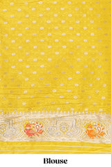 Yellow floral zari design banarasi silk saree with self border and matching printed blouse