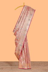 Peach floral zari design banarasi silk saree with self border and matching printed blouse