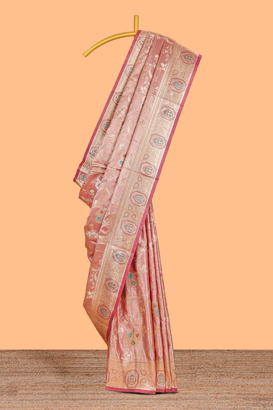 Peach floral zari design banarasi silk saree with self border and matching printed blouse