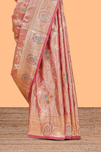 Peach floral zari design banarasi silk saree with self border and matching printed blouse